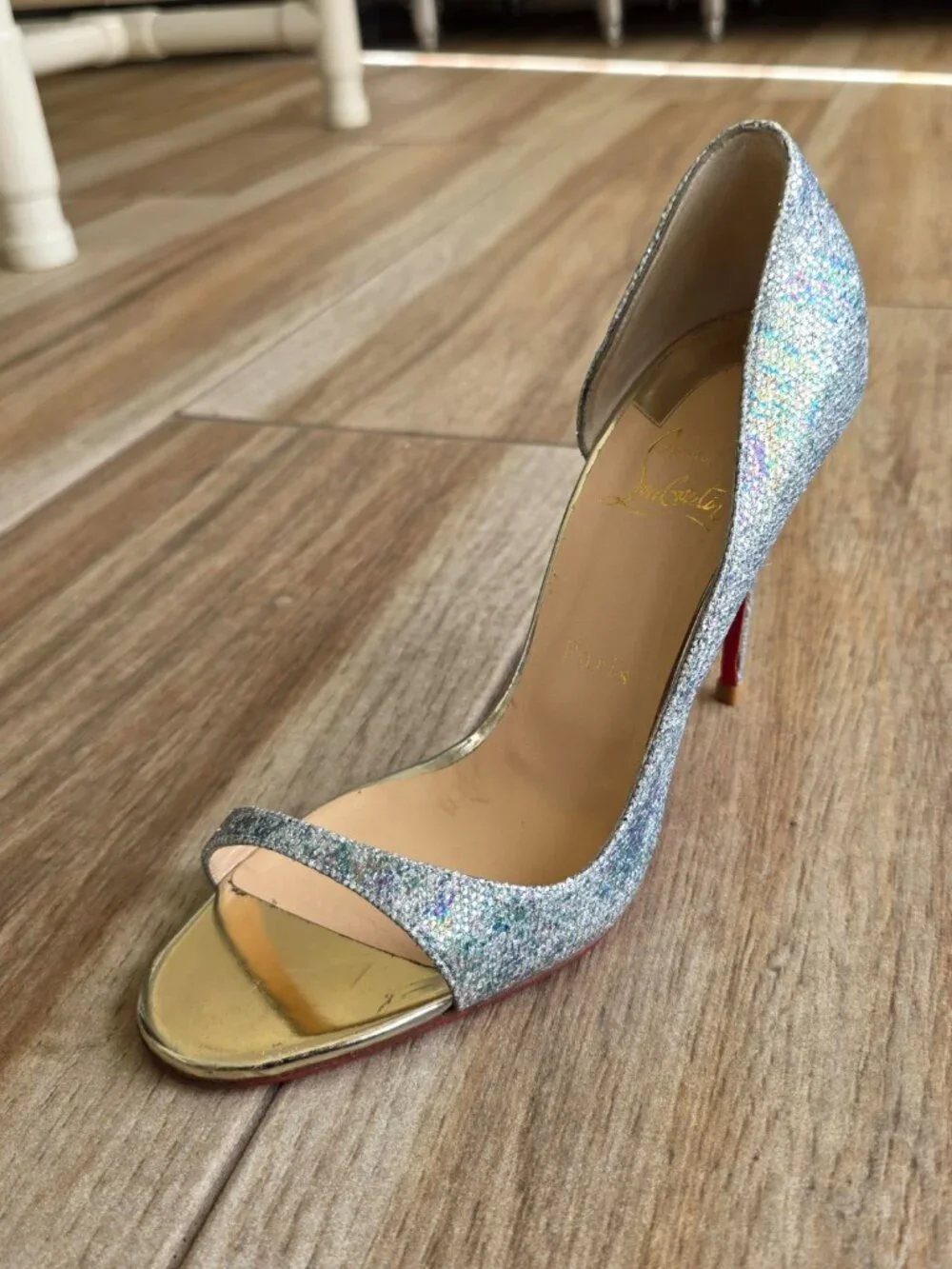 Christian Louboutin Toboggan D'Orsay 100 Glitter Blue/Grey Strap Shoe Eur. 39.5
